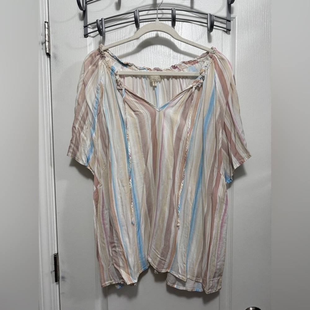 Side stitch Los Angeles ruffle neck blouse women's 3X desert stripes pastel
